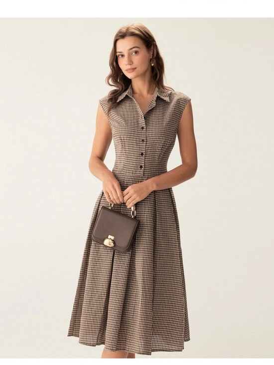 RIHOAS Dresses & Skirts - RIHOAS Brown Gingham Sleeveless Shirt Dress